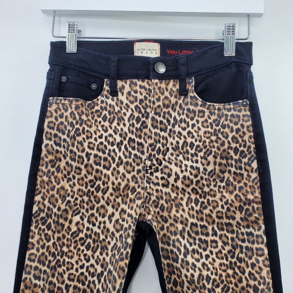 Alice + Olivia Leopard Print High Rise Skinny Jeans Queen Of The Night Black Raw - Picture 2 of 8